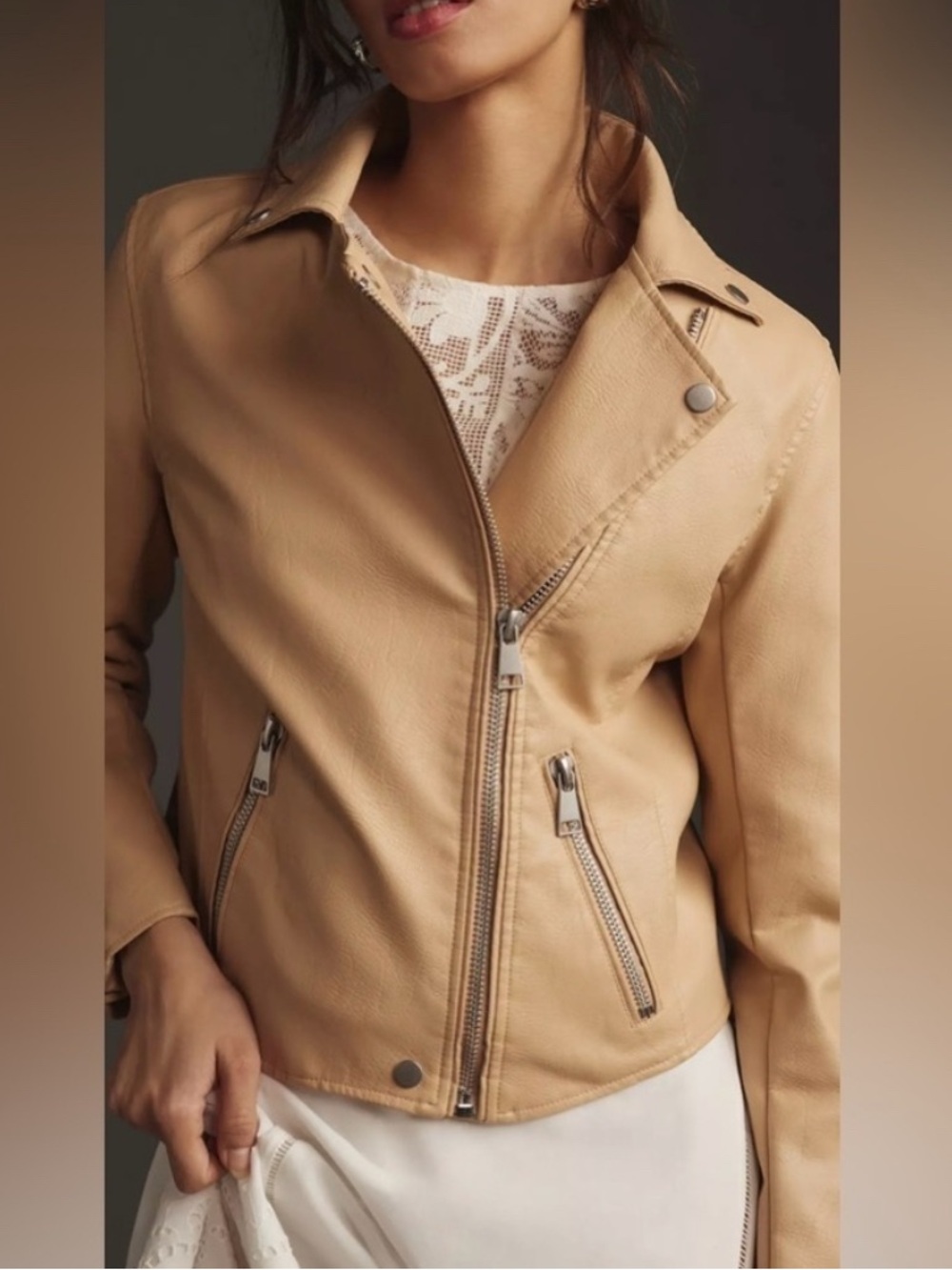 By Anthro Beige Faux Leather Biker Jacket